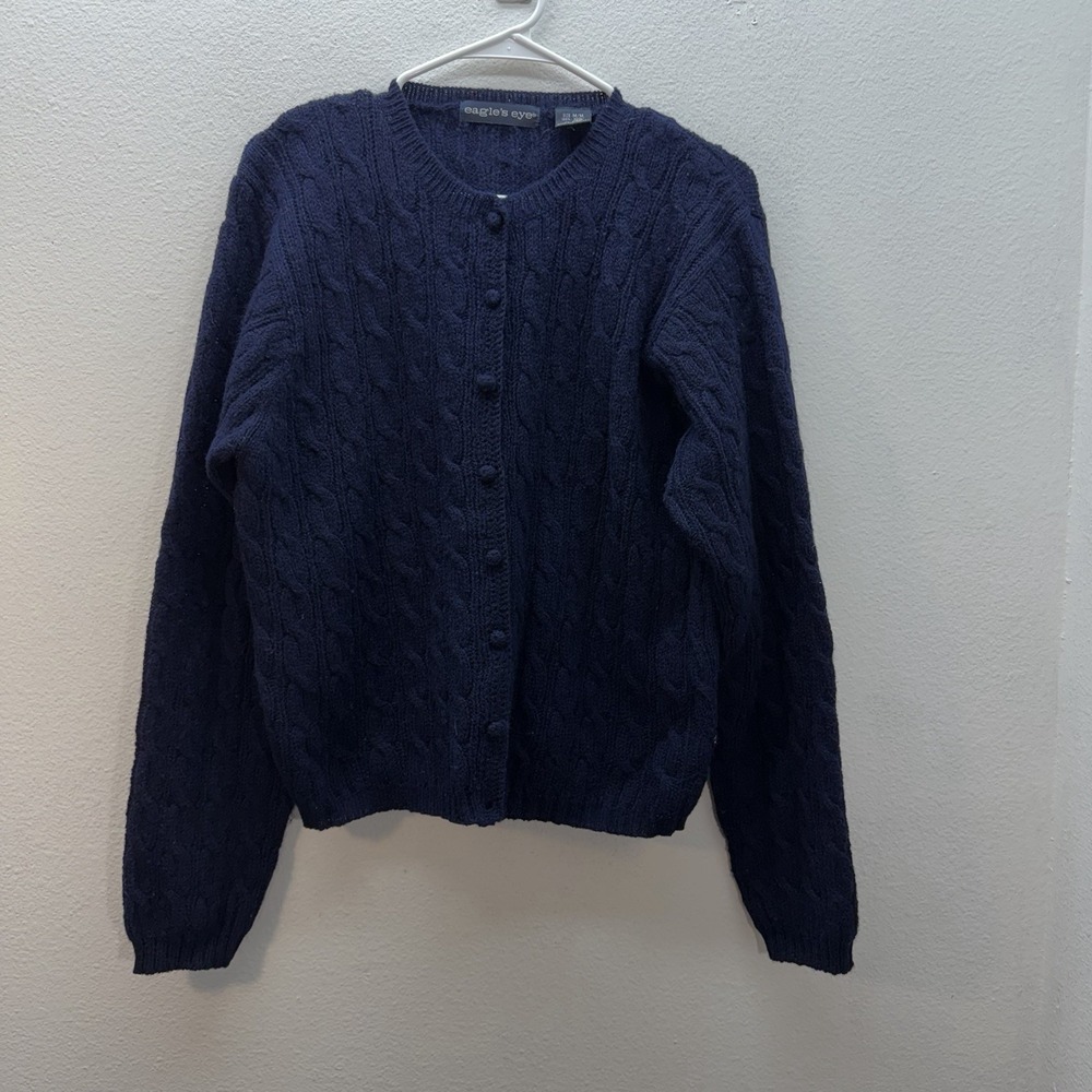 VTG Eagles Eye 100% Wool Cardigan Sweater Navy Blue Cable Knit Button Up SZ M
